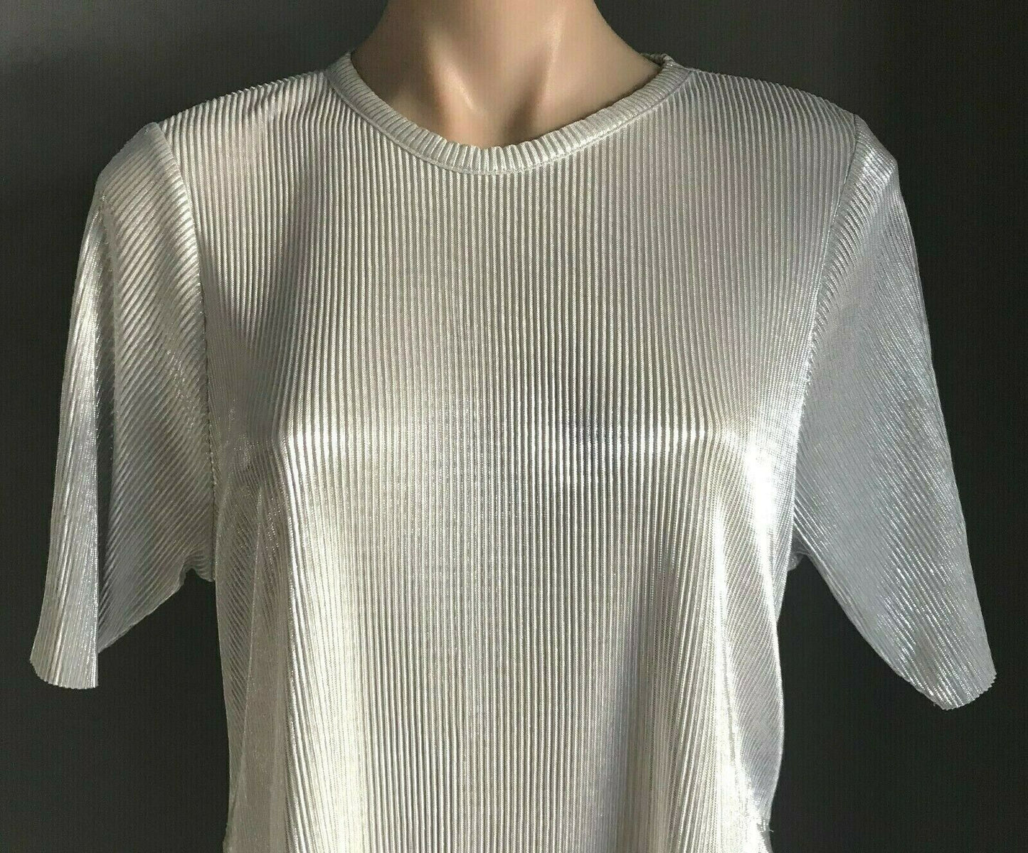 TOPSHOP Top Slinky Silver Self Stripe Stretch Short Sleeve Side Slits Tee Sz 10