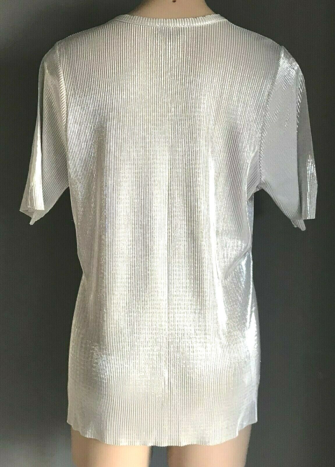 TOPSHOP Top Slinky Silver Self Stripe Stretch Short Sleeve Side Slits Tee Sz 10