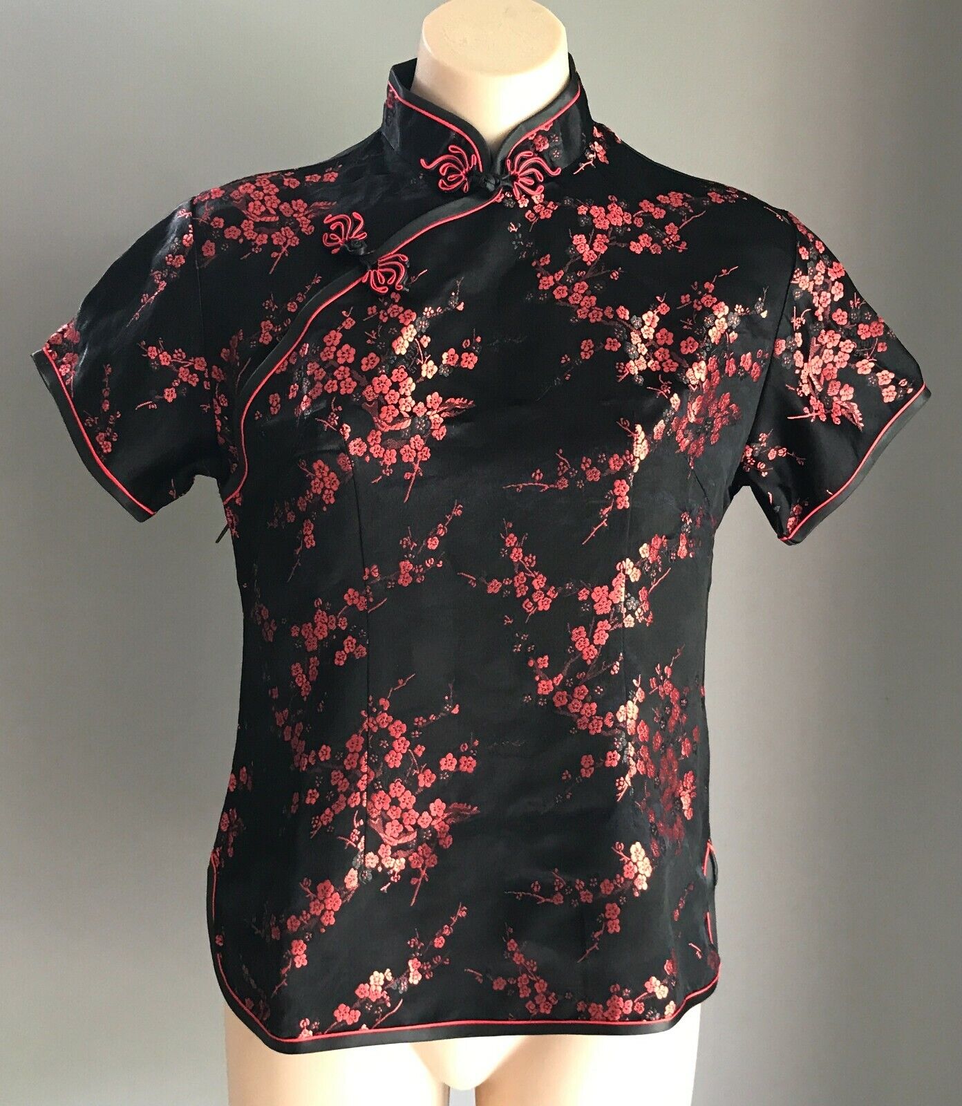 Vintage 1960’s Satin CHEONGSAM Blouse Black Red Floral Short Sleeve Top Sz 8 10