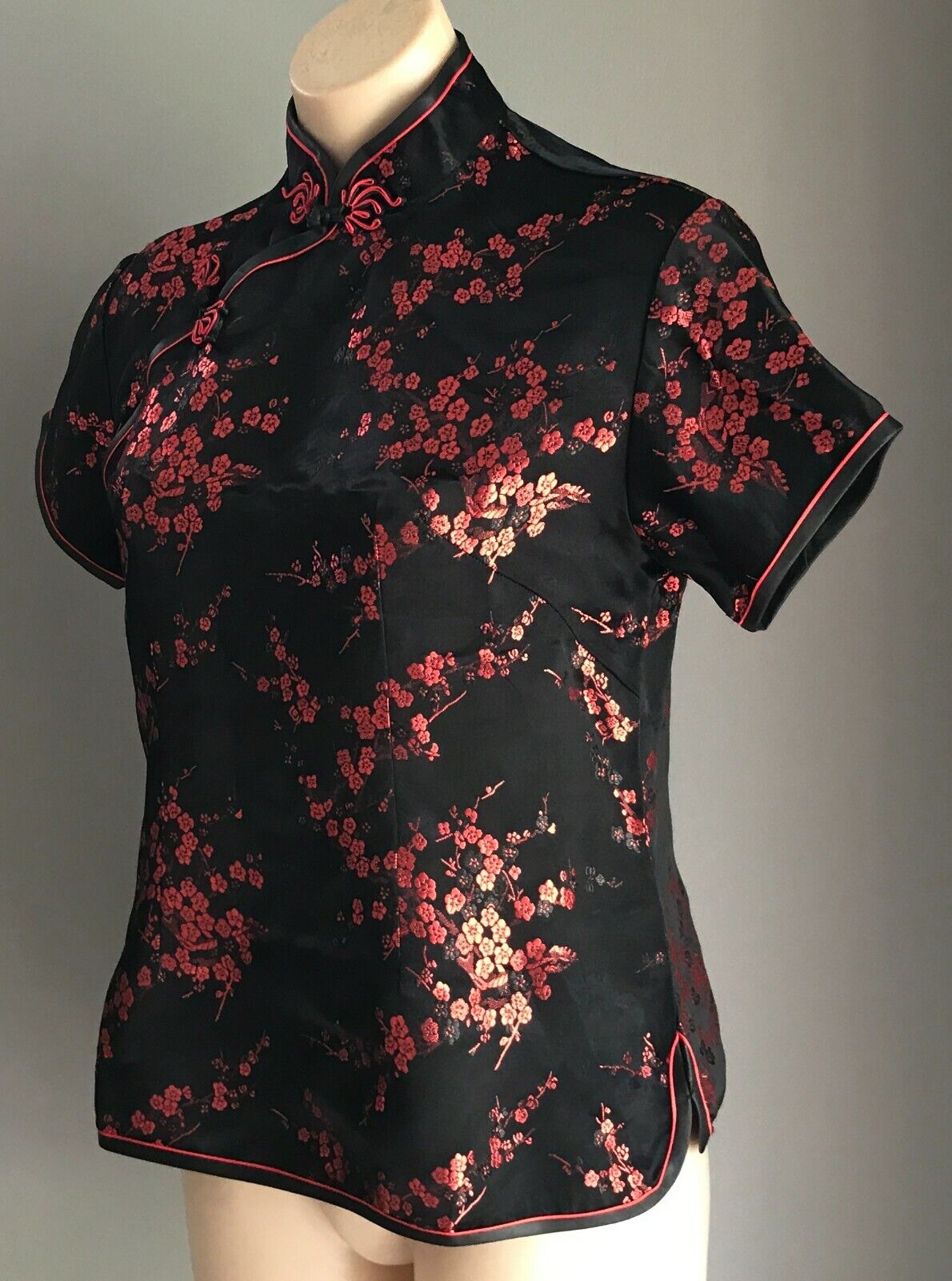 Vintage 1960’s Satin CHEONGSAM Blouse Black Red Floral Short Sleeve Top Sz 8 10