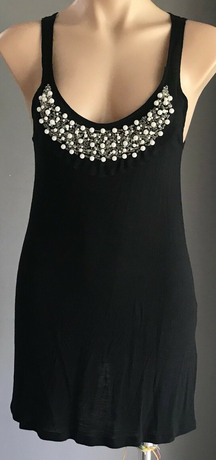 NOW COLLECTION Top Black Sleeveless Racer Back  Pearl Beaded Trim Ladies Size 10