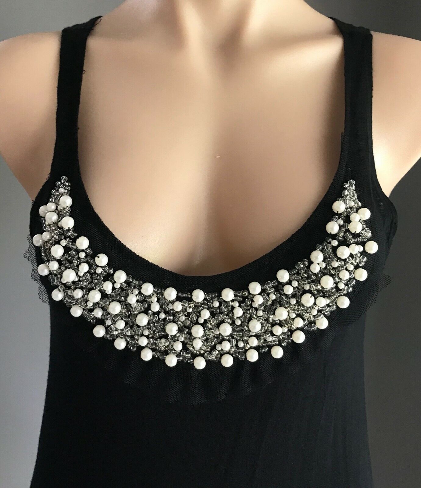 NOW COLLECTION Top Black Sleeveless Racer Back  Pearl Beaded Trim Ladies Size 10