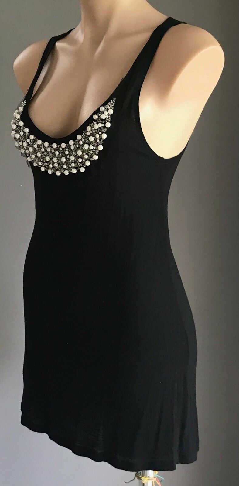 NOW COLLECTION Top Black Sleeveless Racer Back  Pearl Beaded Trim Ladies Size 10