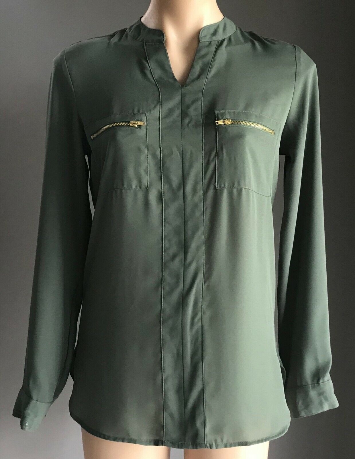 NOW Top Slip On Blouse Khaki Long Sleeve Chiffon Shirt Ladies Size 10