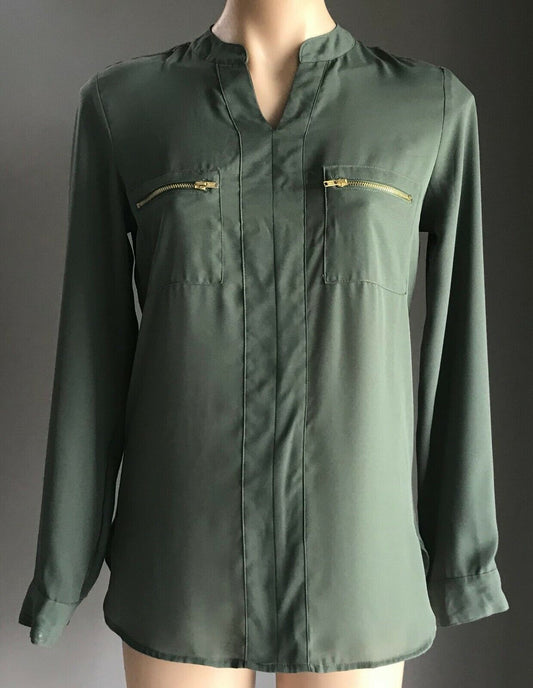 NOW Top Slip On Blouse Khaki Long Sleeve Chiffon Shirt Ladies Size 10