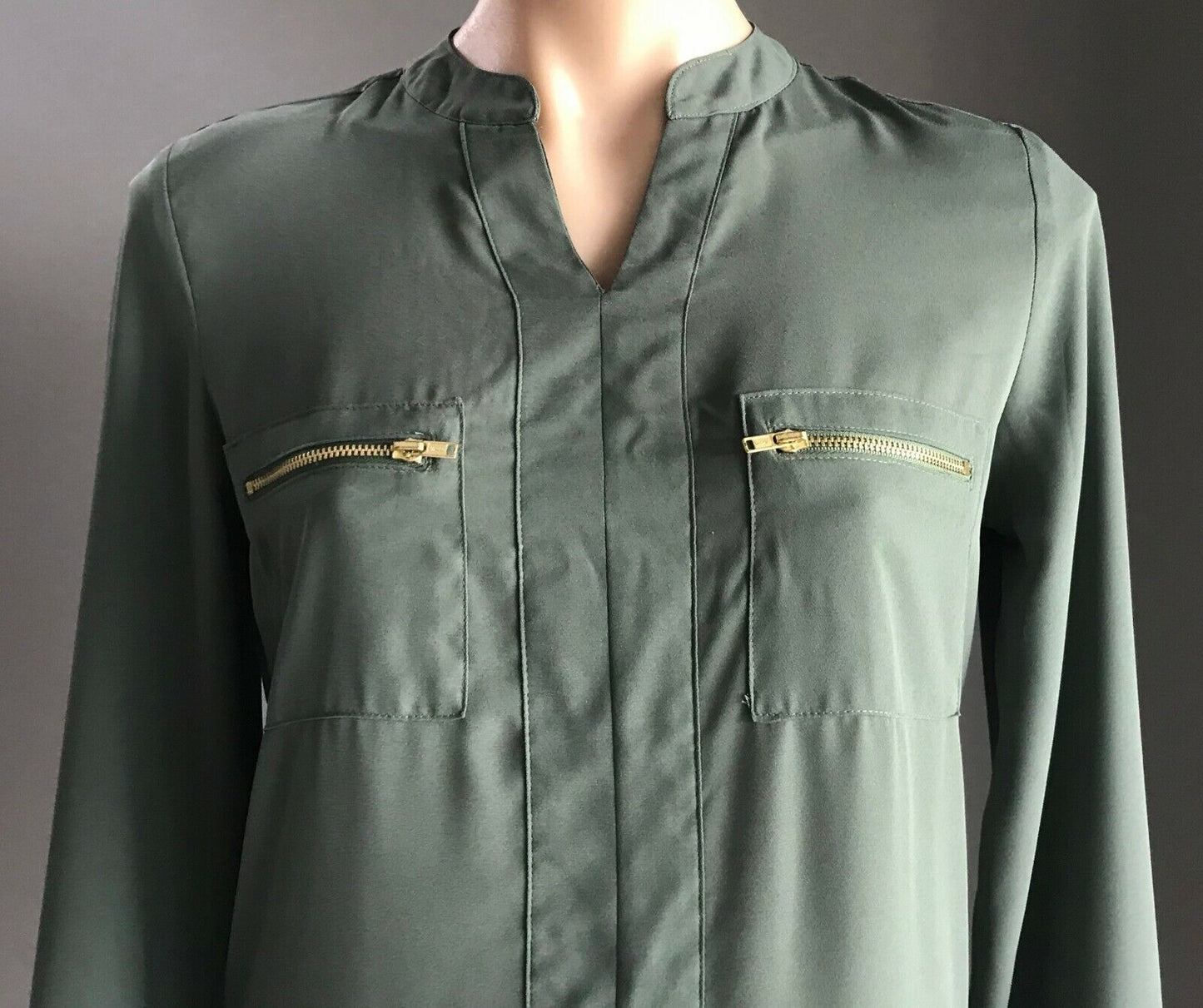 NOW Top Slip On Blouse Khaki Long Sleeve Chiffon Shirt Ladies Size 10