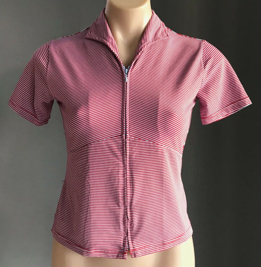 FORNARI Top Red & Blue Stripe Zip Front Short Sleeve Stretch Shirt Size 2 AU 10