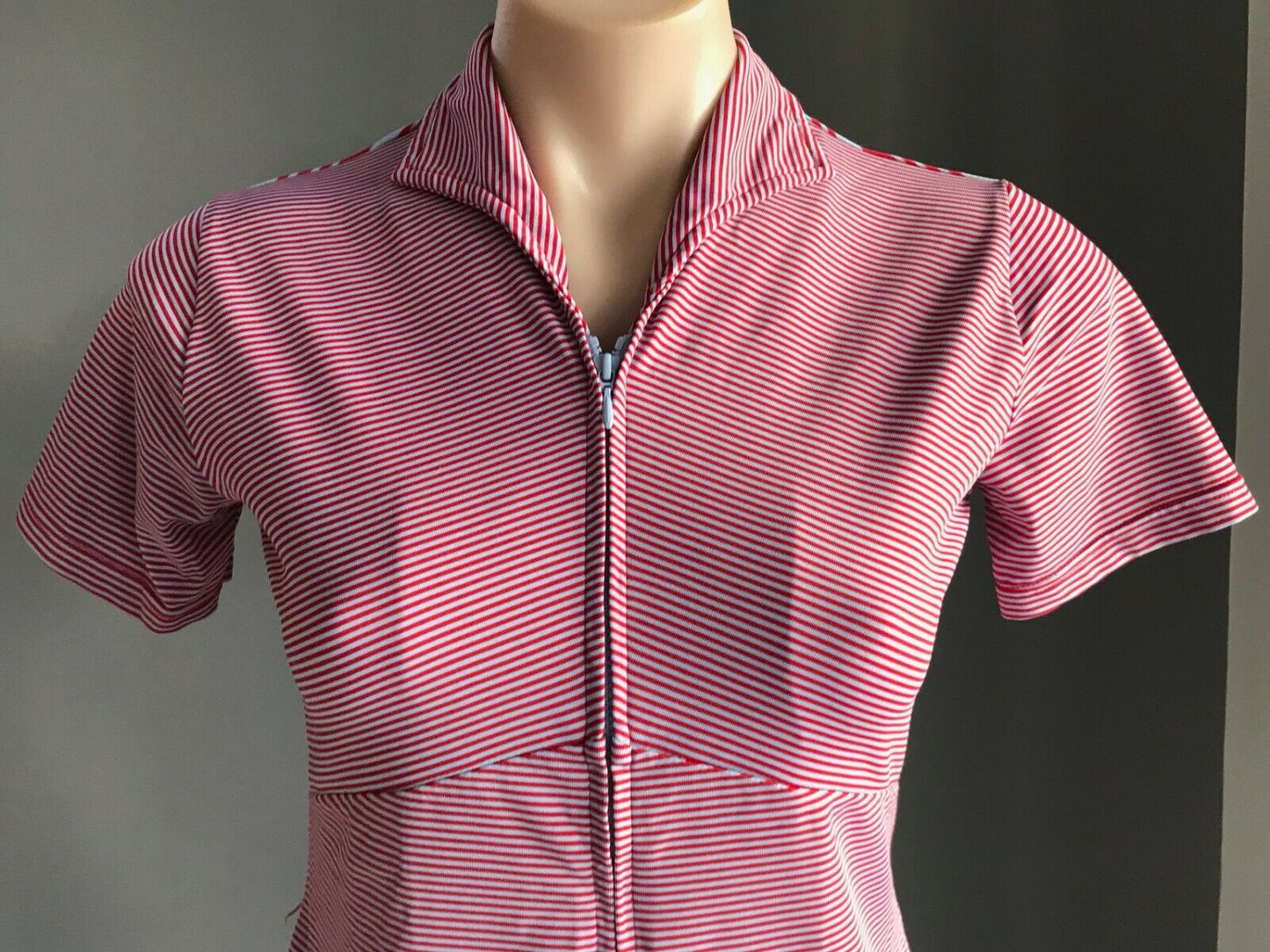 FORNARI Top Red & Blue Stripe Zip Front Short Sleeve Stretch Shirt Size 2 AU 10