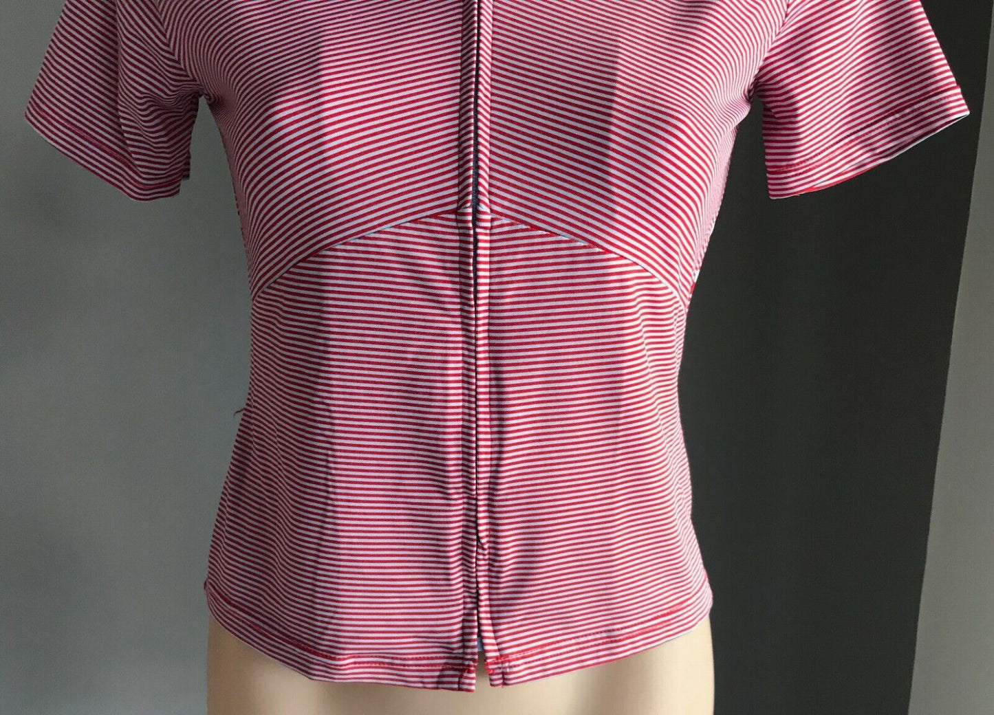 FORNARI Top Red & Blue Stripe Zip Front Short Sleeve Stretch Shirt Size 2 AU 10