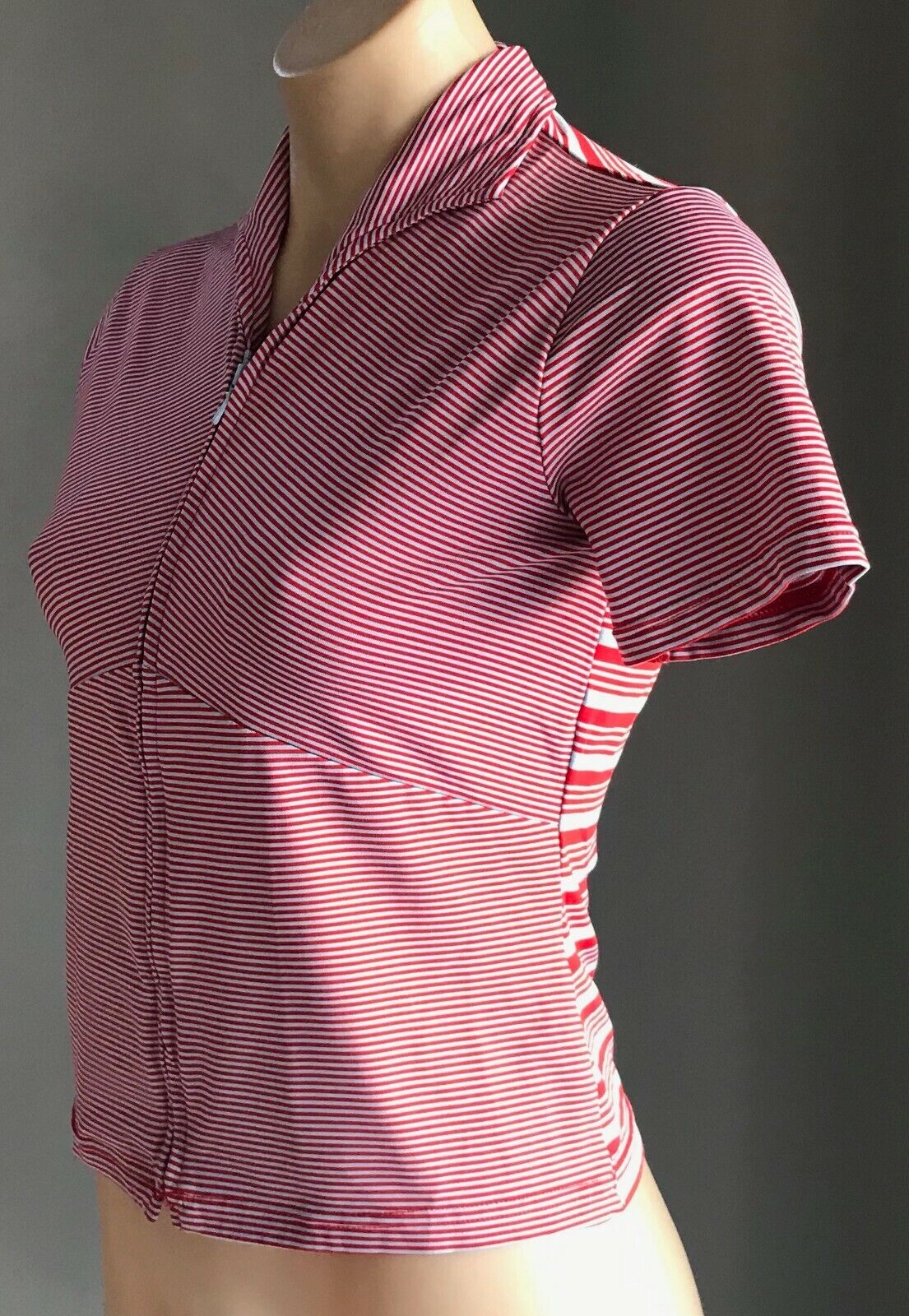 FORNARI Top Red & Blue Stripe Zip Front Short Sleeve Stretch Shirt Size 2 AU 10