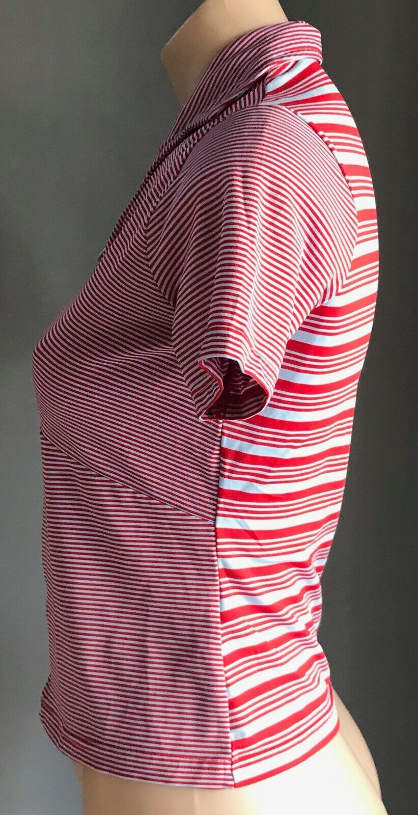 FORNARI Top Red & Blue Stripe Zip Front Short Sleeve Stretch Shirt Size 2 AU 10