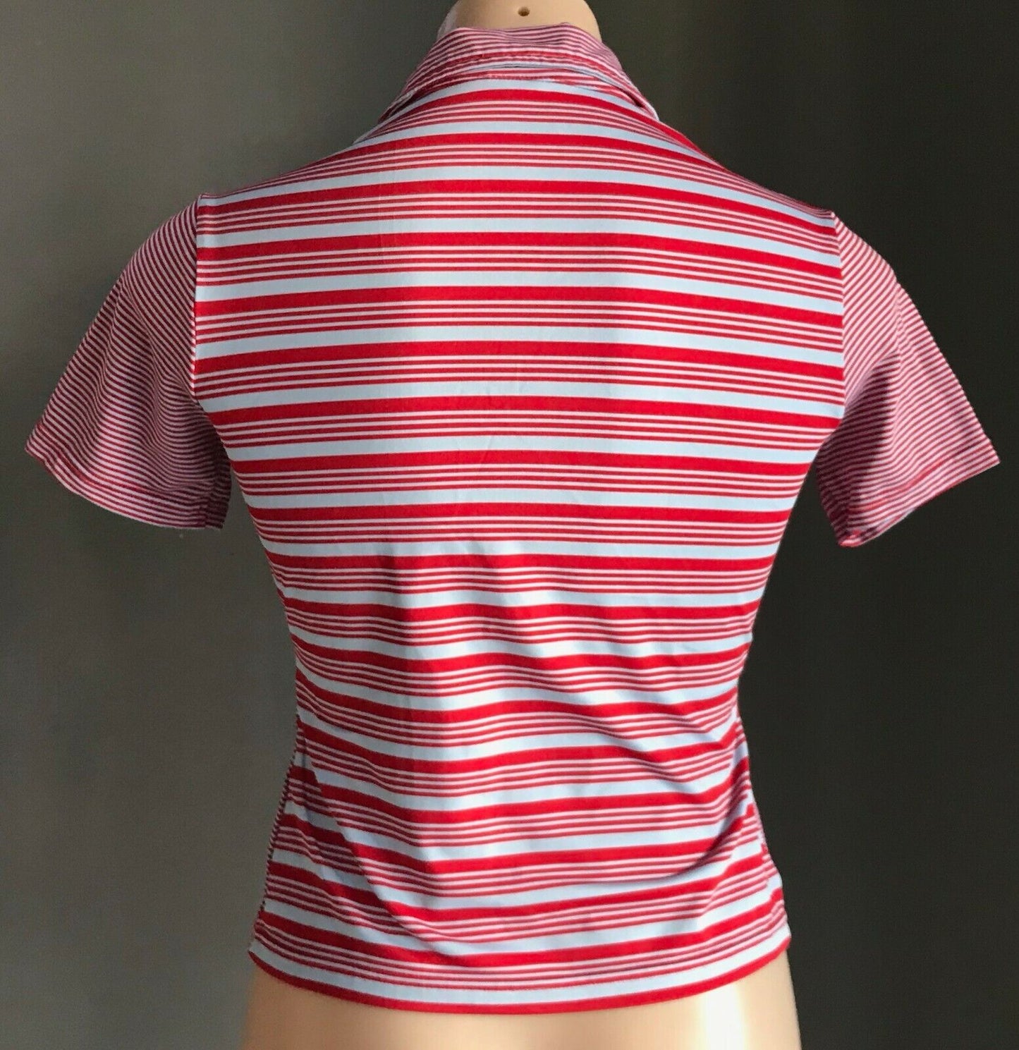 FORNARI Top Red & Blue Stripe Zip Front Short Sleeve Stretch Shirt Size 2 AU 10