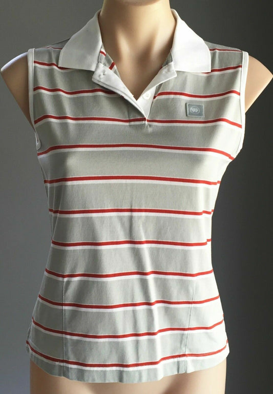 WIMBLEDON Tennis Top White Rust & Khaki Stripe Sleeveless Polo Ladies Size 10