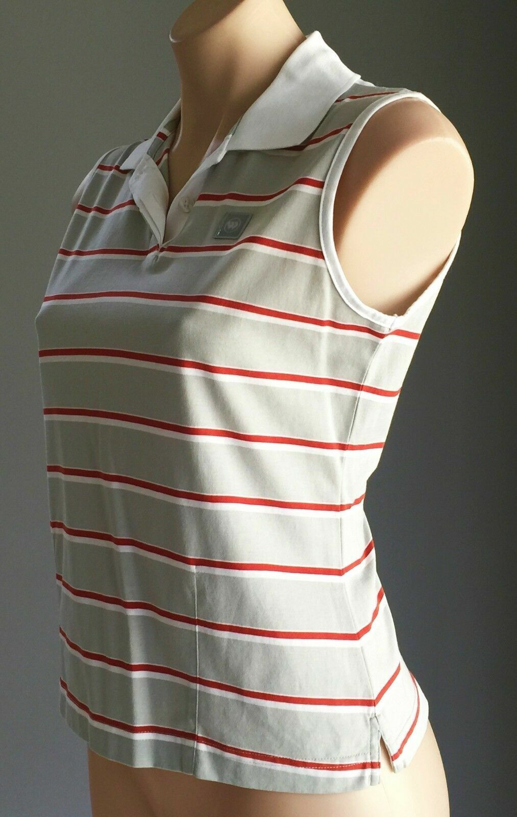WIMBLEDON Tennis Top White Rust & Khaki Stripe Sleeveless Polo Ladies Size 10