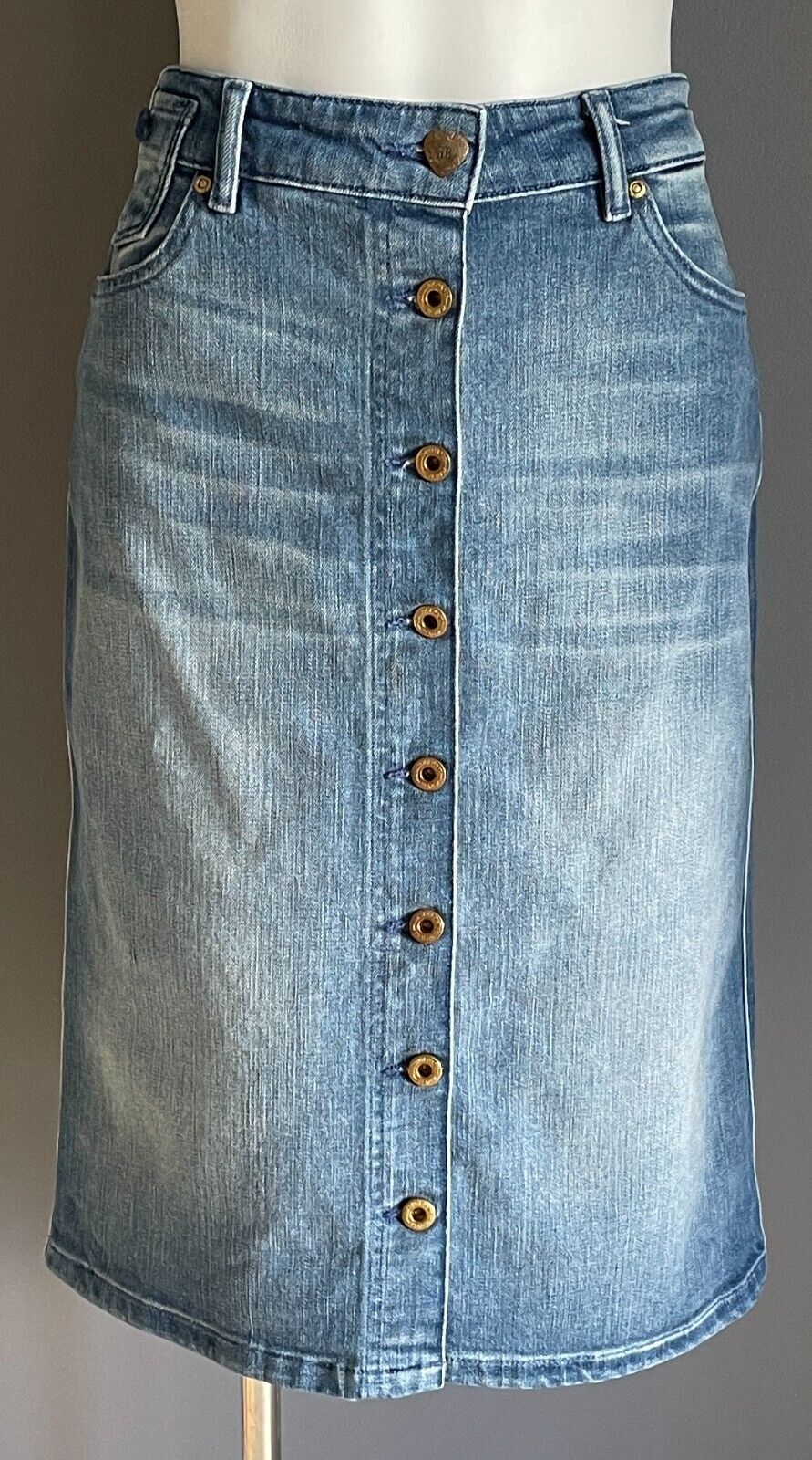 SCOTCH & SODA Denim "Lady Luck" Skirt Button Front Knee Length Straight Sz XS 8