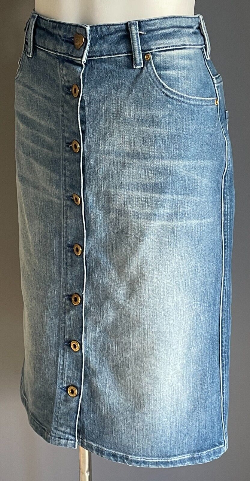 SCOTCH & SODA Denim "Lady Luck" Skirt Button Front Knee Length Straight Sz XS 8
