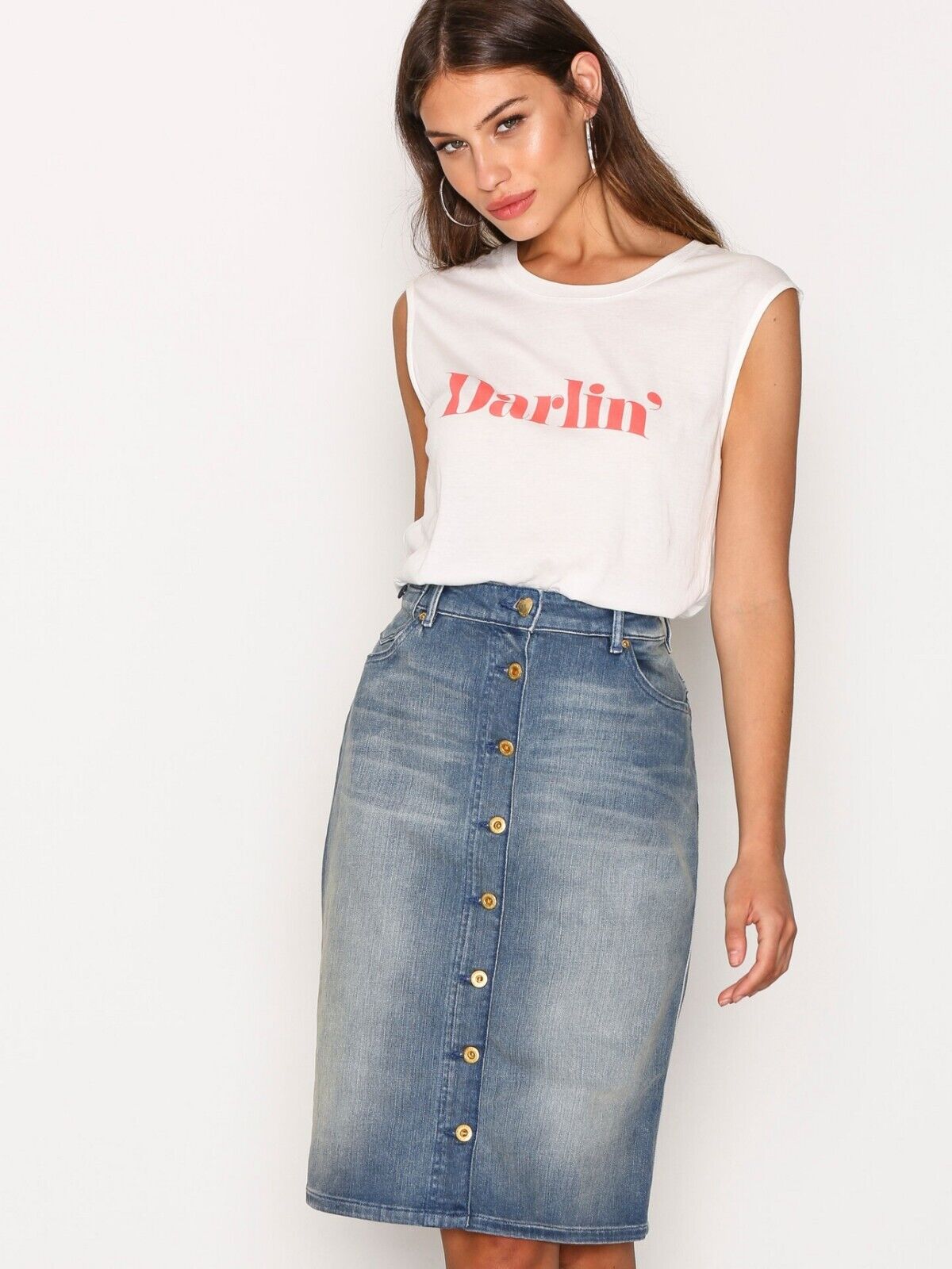 SCOTCH & SODA Denim "Lady Luck" Skirt Button Front Knee Length Straight Sz XS 8