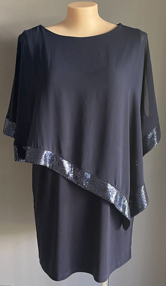 NEWPORT BEACH USA Navy Shift Dress Sheer Organza Sequin Trim Overlay Sz 14 AU 18