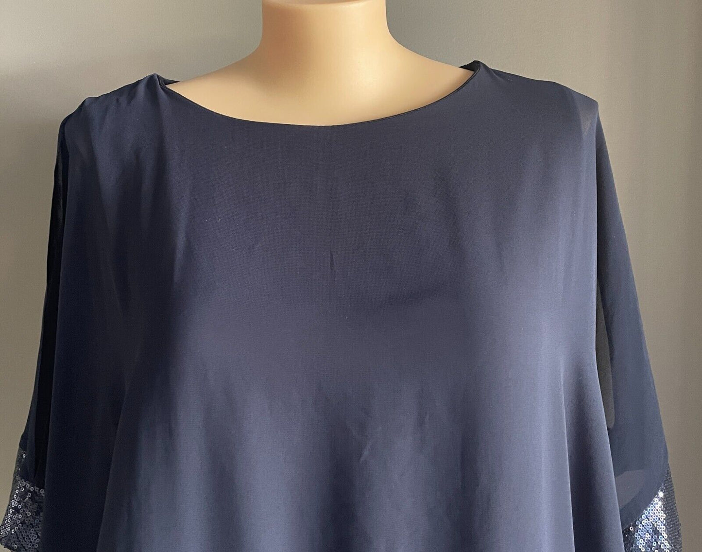 NEWPORT BEACH USA Navy Shift Dress Sheer Organza Sequin Trim Overlay Sz 14 AU 18