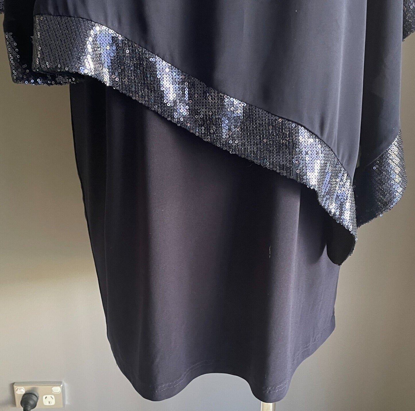 NEWPORT BEACH USA Navy Shift Dress Sheer Organza Sequin Trim Overlay Sz 14 AU 18