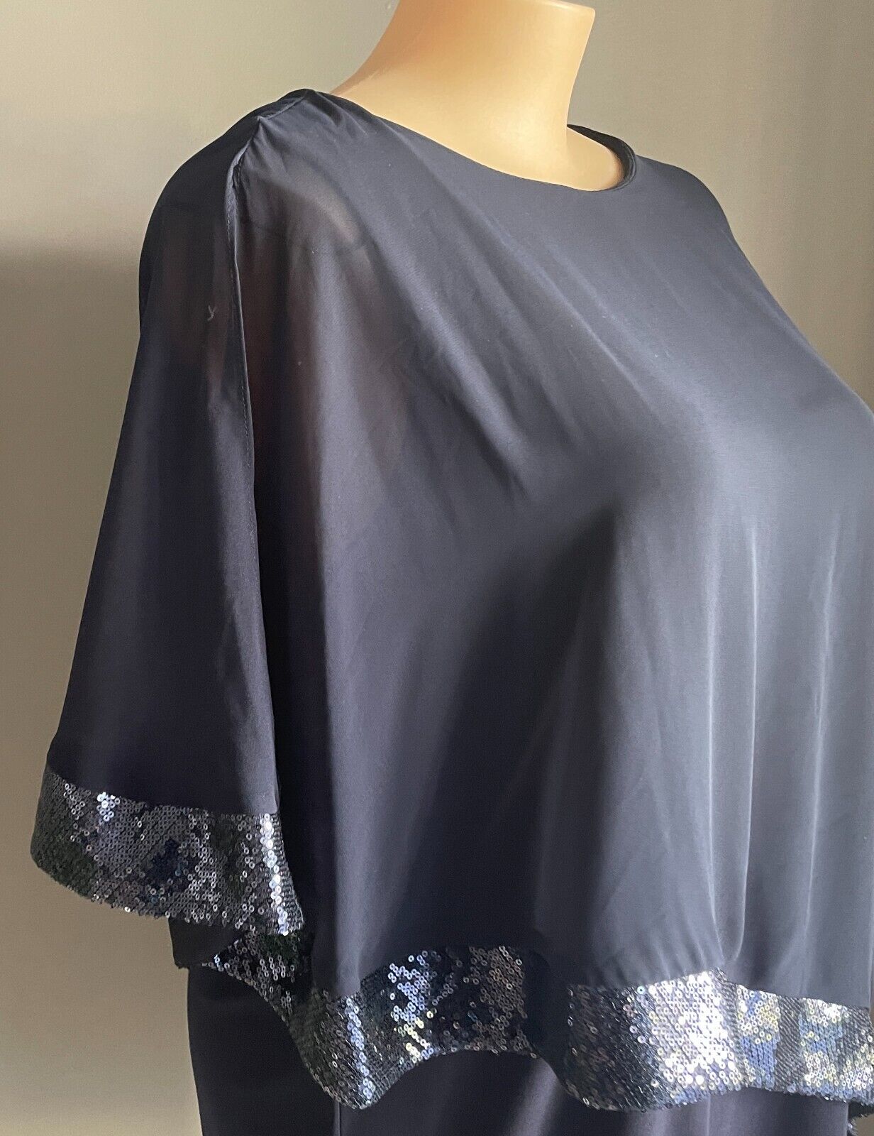 NEWPORT BEACH USA Navy Shift Dress Sheer Organza Sequin Trim Overlay Sz 14 AU 18