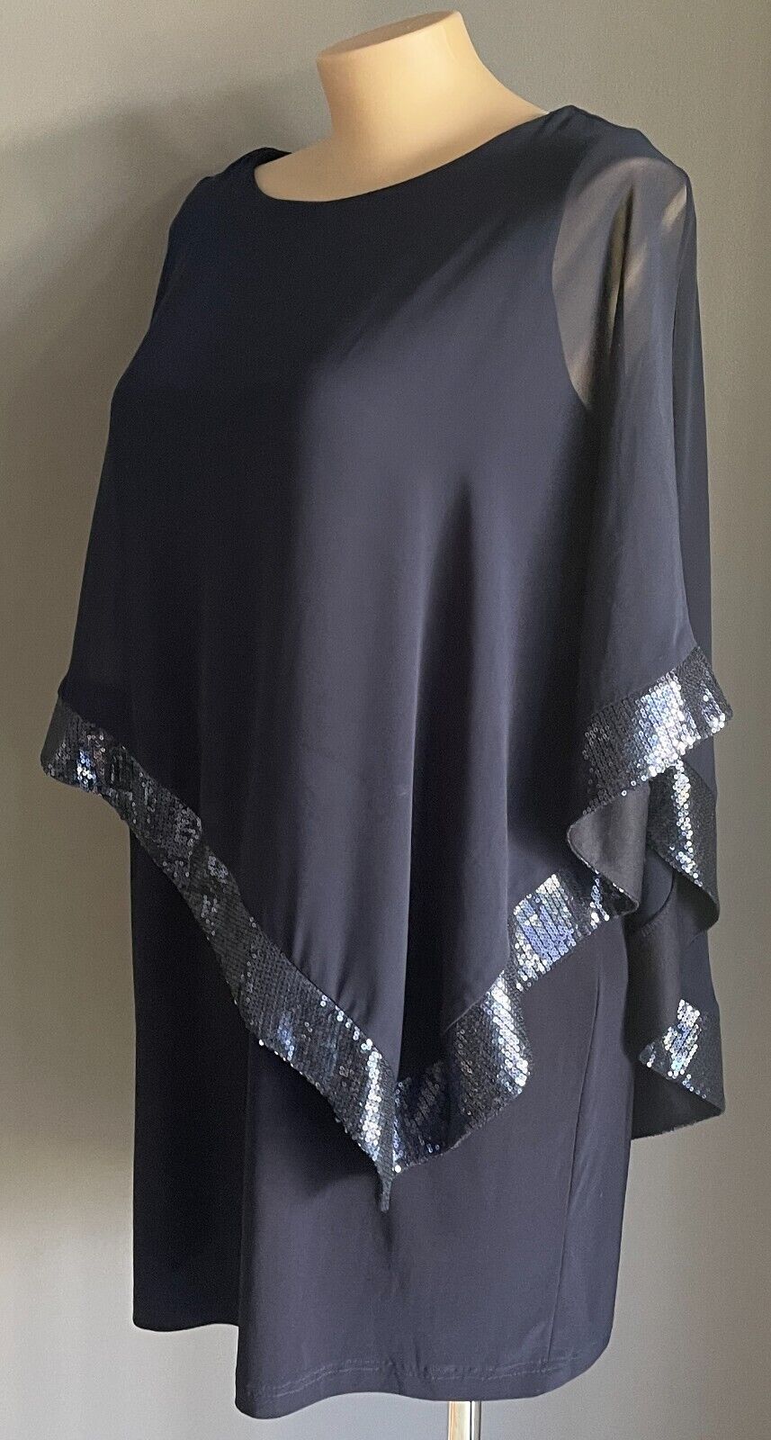 NEWPORT BEACH USA Navy Shift Dress Sheer Organza Sequin Trim Overlay Sz 14 AU 18