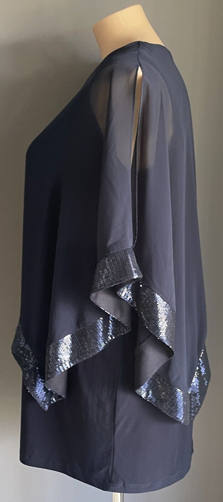 NEWPORT BEACH USA Navy Shift Dress Sheer Organza Sequin Trim Overlay Sz 14 AU 18