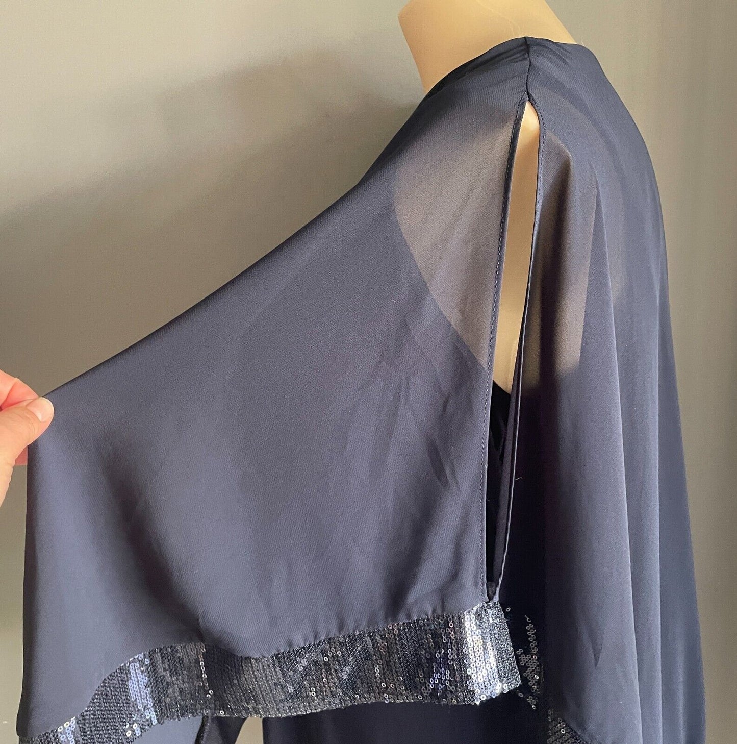 NEWPORT BEACH USA Navy Shift Dress Sheer Organza Sequin Trim Overlay Sz 14 AU 18