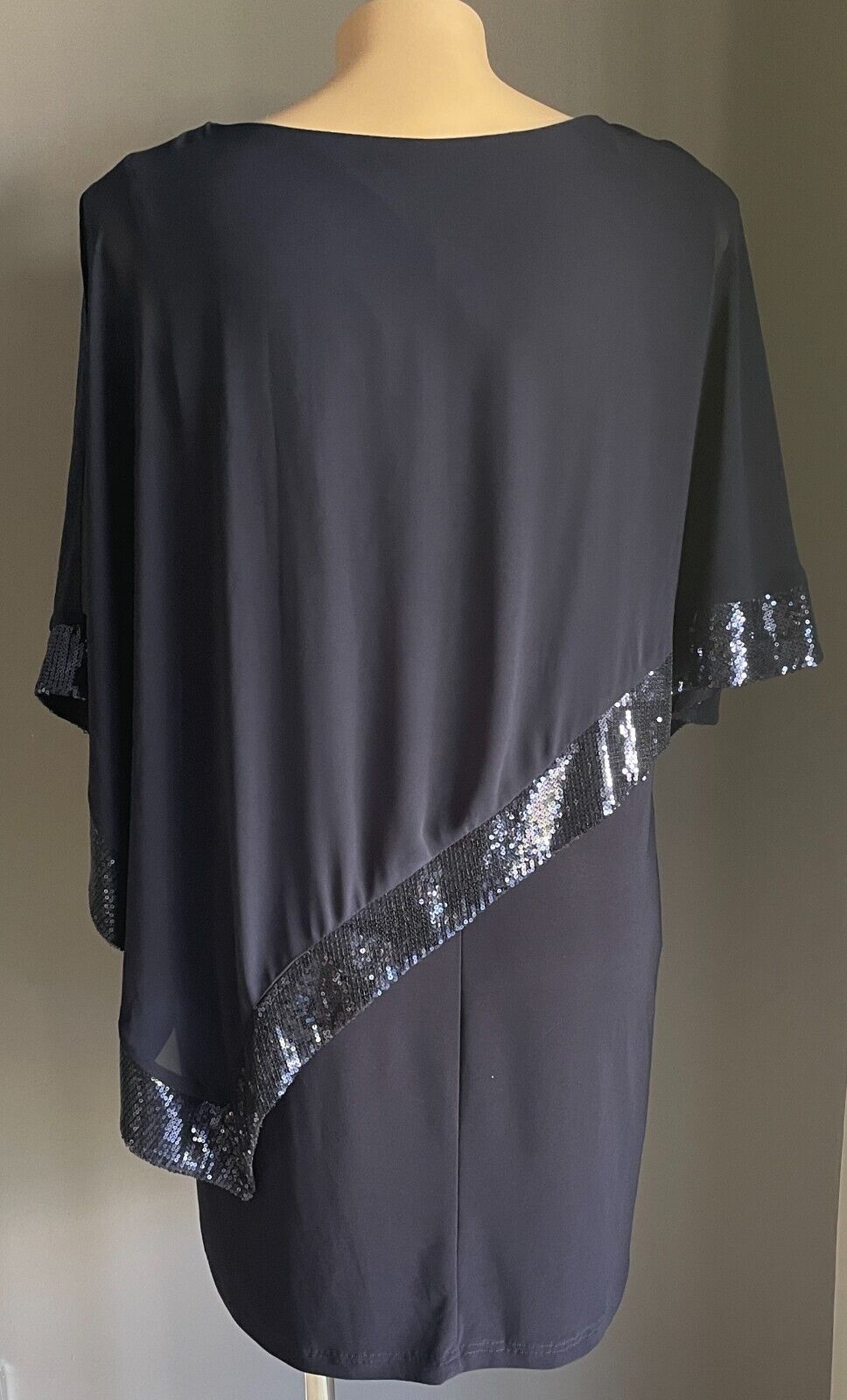 NEWPORT BEACH USA Navy Shift Dress Sheer Organza Sequin Trim Overlay Sz 14 AU 18