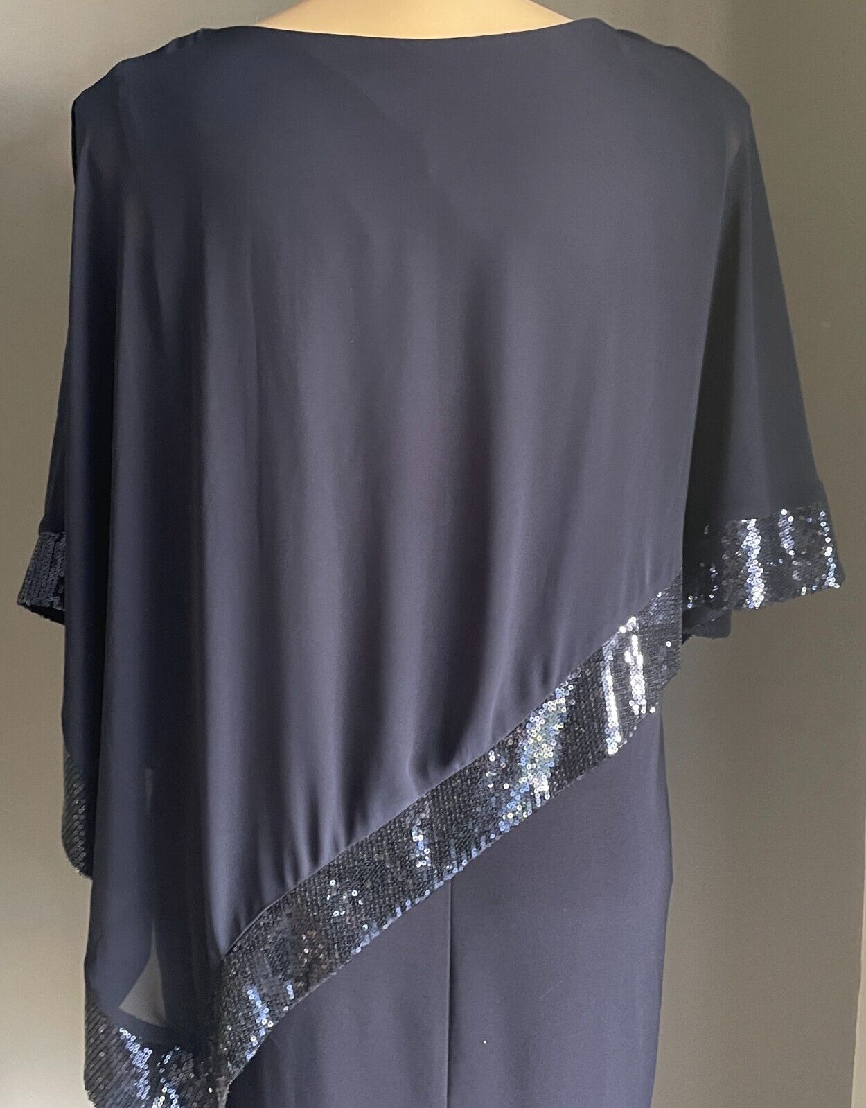 NEWPORT BEACH USA Navy Shift Dress Sheer Organza Sequin Trim Overlay Sz 14 AU 18