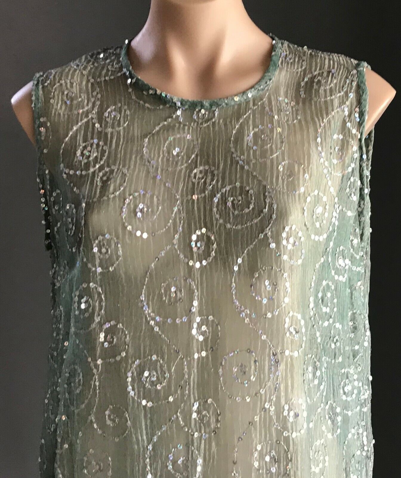 Sheer Shift Dress Sage Green Silver Shimmer Sleeveless w Sequin Trim Size 14
