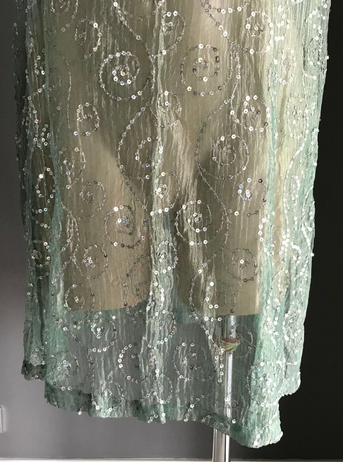 Sheer Shift Dress Sage Green Silver Shimmer Sleeveless w Sequin Trim Size 14