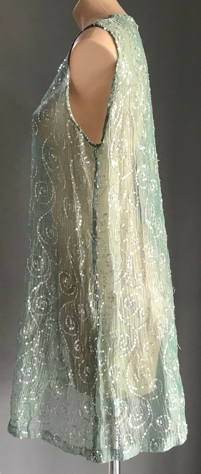 Sheer Shift Dress Sage Green Silver Shimmer Sleeveless w Sequin Trim Size 14