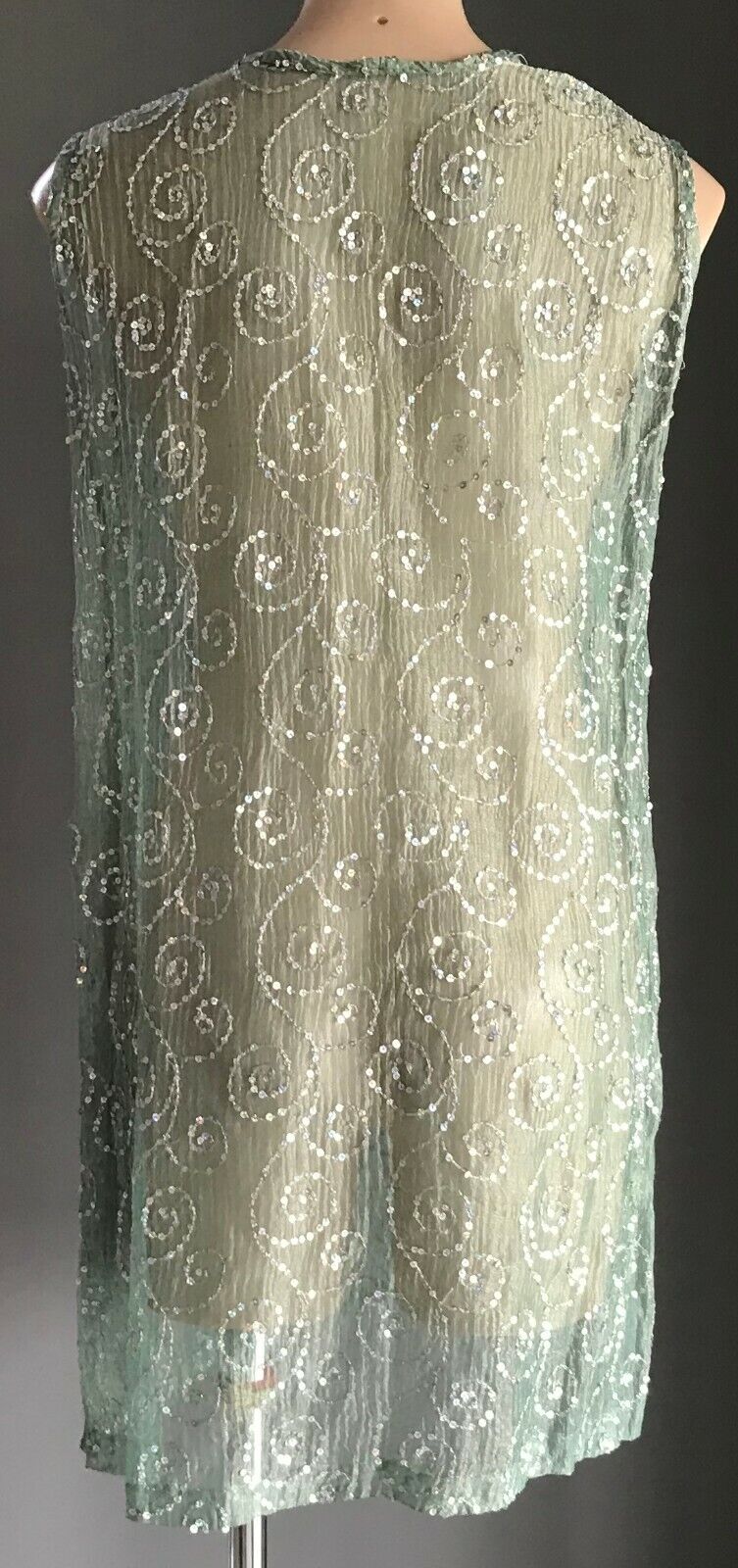 Sheer Shift Dress Sage Green Silver Shimmer Sleeveless w Sequin Trim Size 14