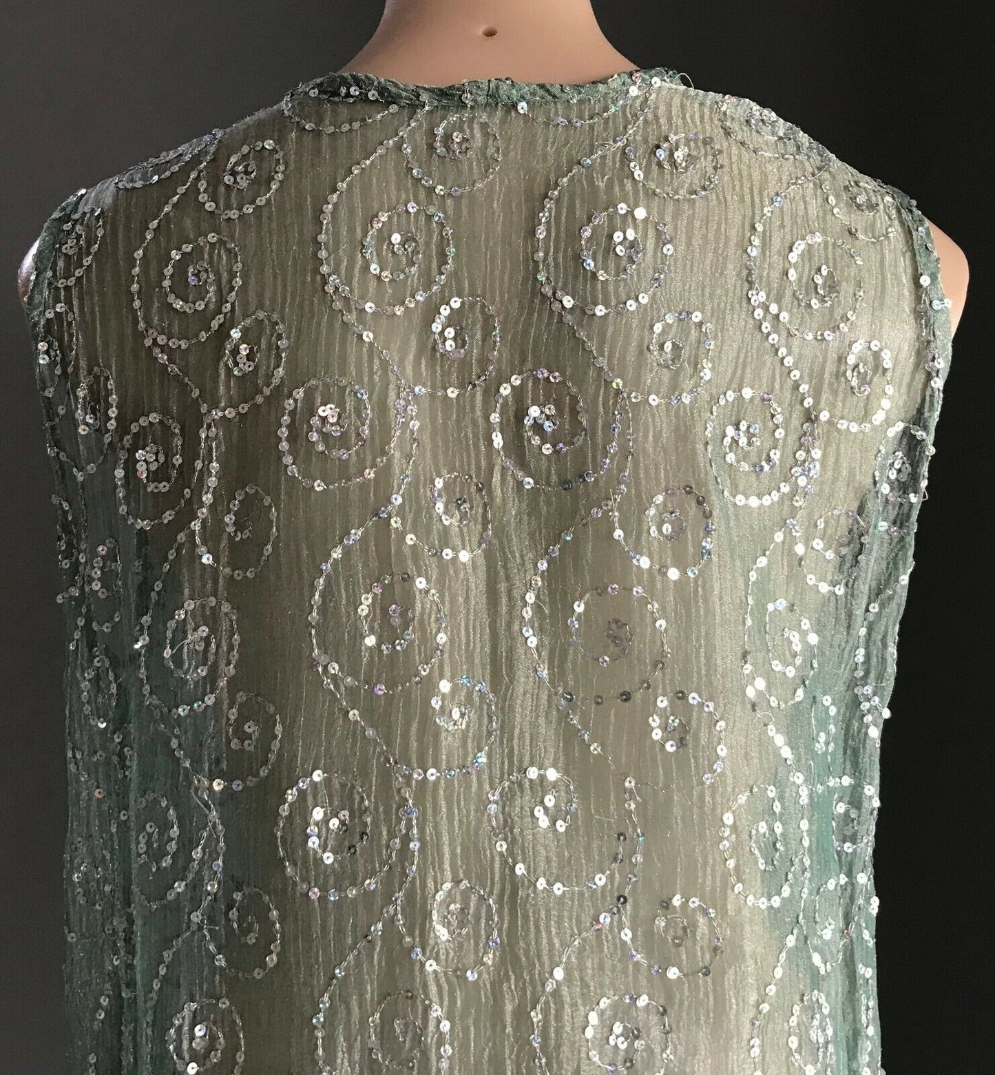 Sheer Shift Dress Sage Green Silver Shimmer Sleeveless w Sequin Trim Size 14