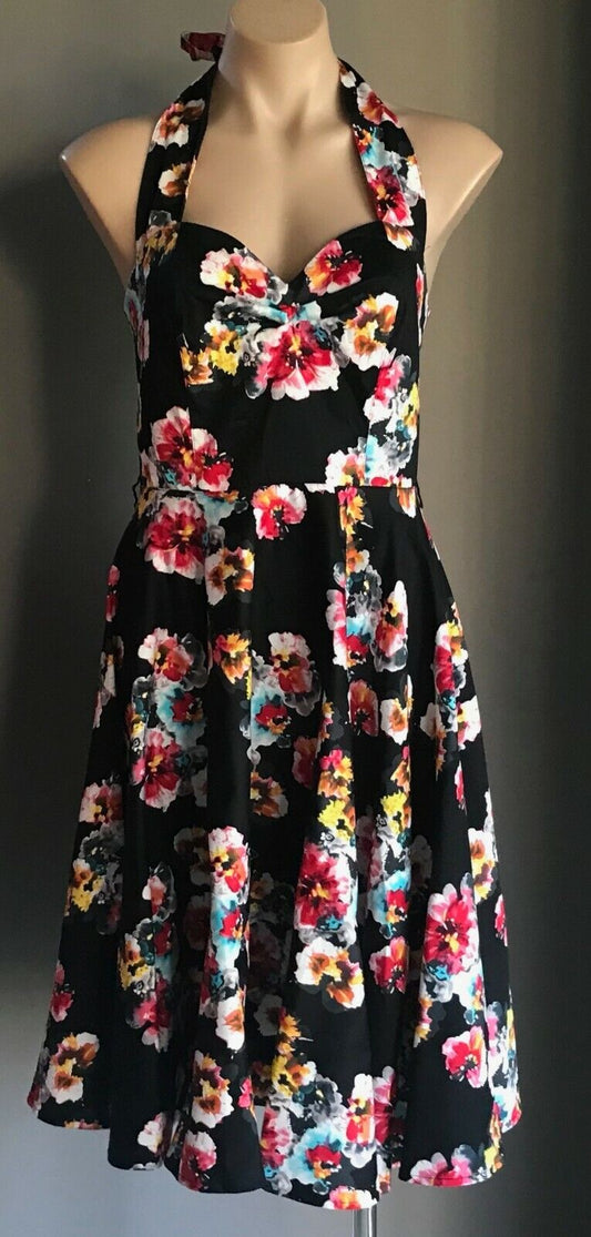 Fit & Flare Dress Black Floral Halter Neck Ladies Size 14 Retro Handmade 1950's
