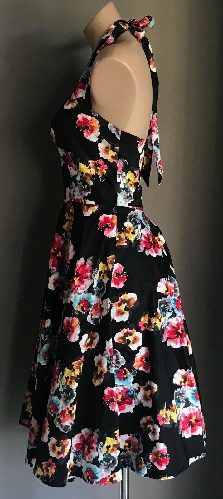 Fit & Flare Dress Black Floral Halter Neck Ladies Size 14 Retro Handmade 1950's