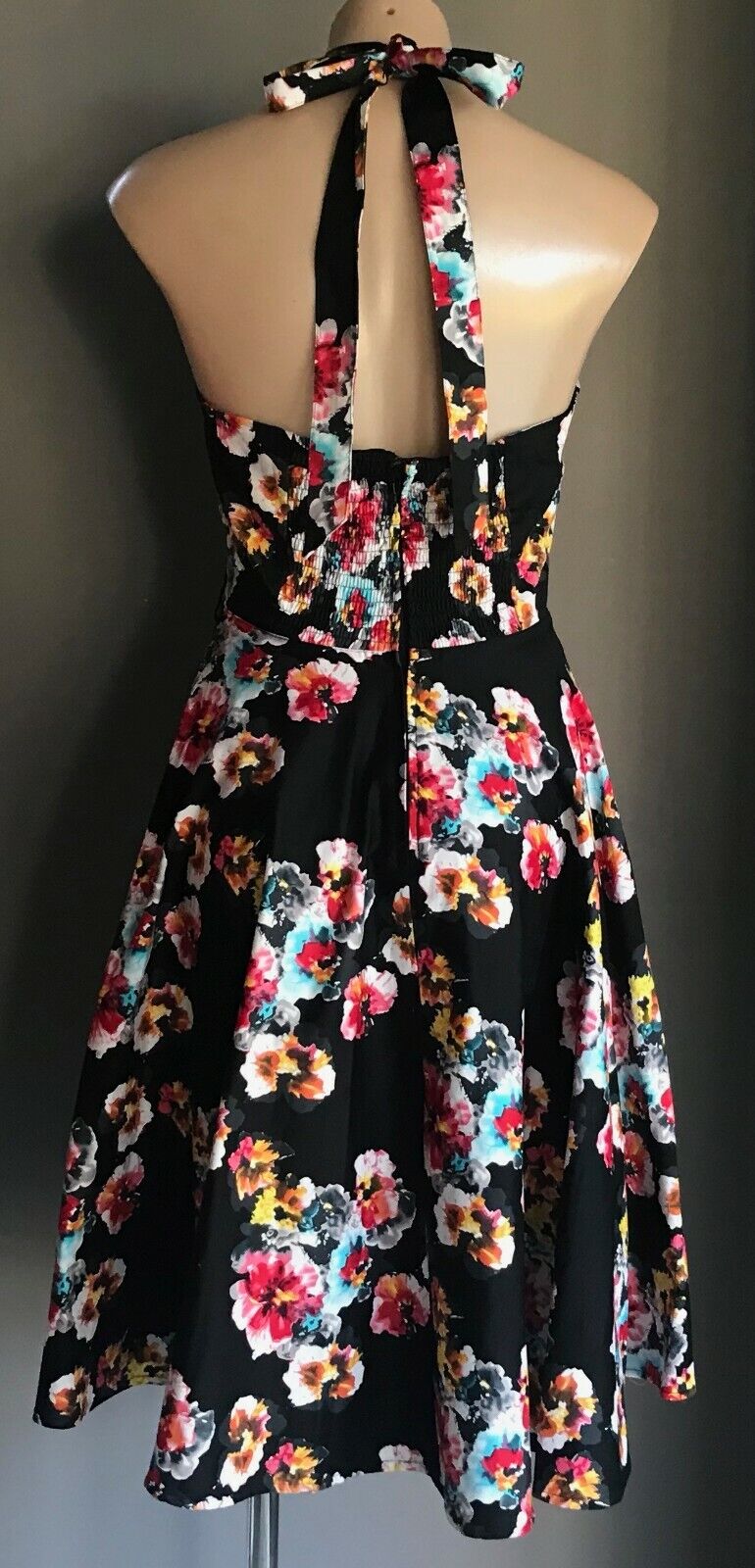 Fit & Flare Dress Black Floral Halter Neck Ladies Size 14 Retro Handmade 1950's