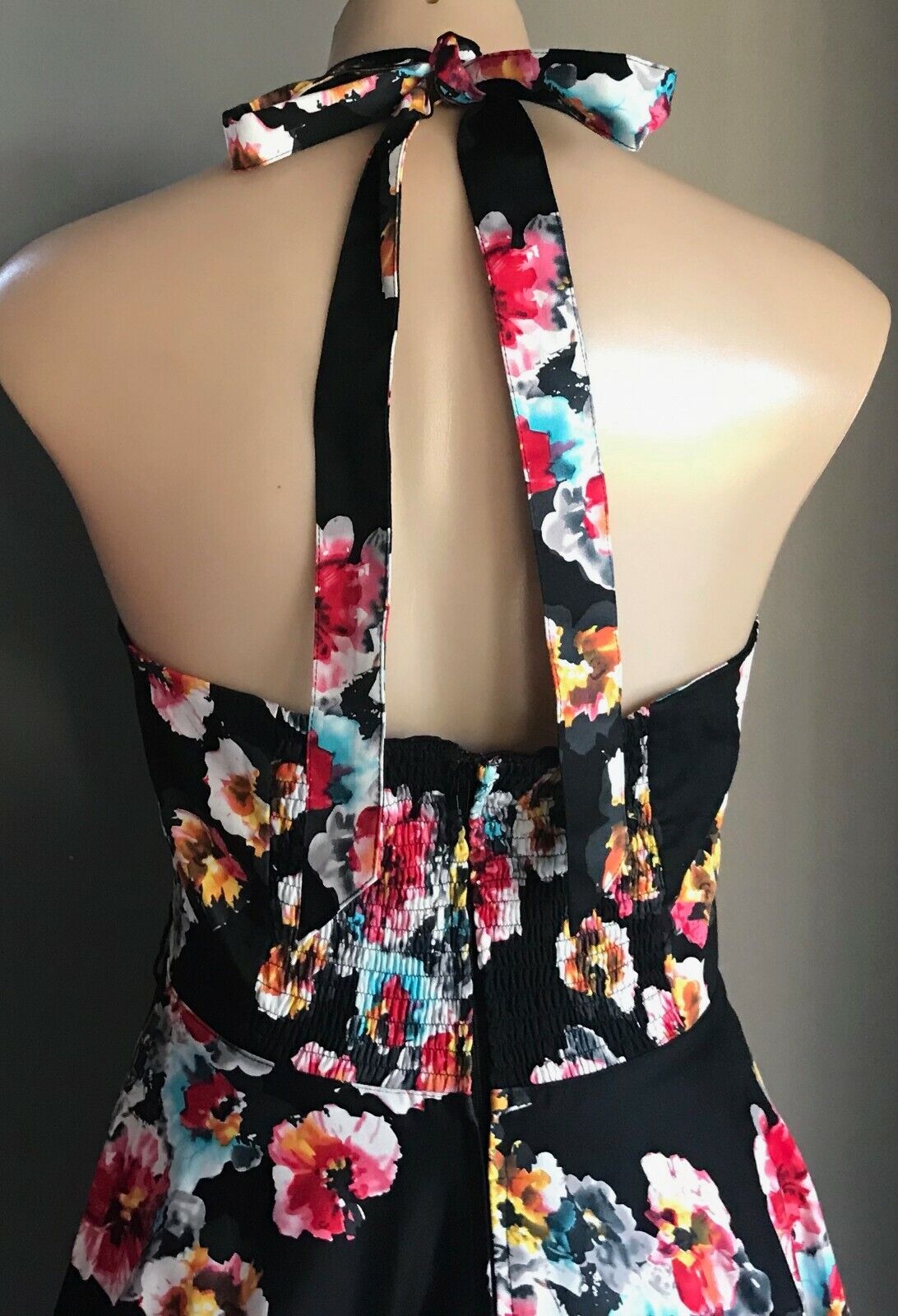 Fit & Flare Dress Black Floral Halter Neck Ladies Size 14 Retro Handmade 1950's