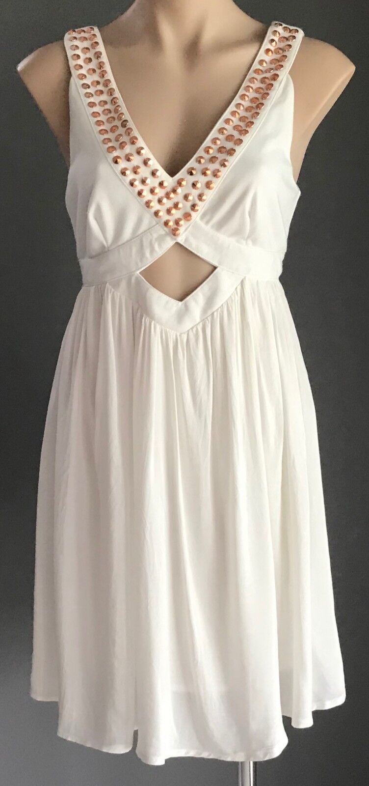 IMPRINT BRAND Dress White Rose Gold Stud Trim Cut Out Waist Sleeveless Size 14
