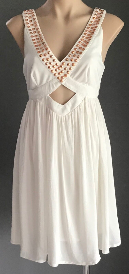 IMPRINT BRAND Dress White Rose Gold Stud Trim Cut Out Waist Sleeveless Size 14