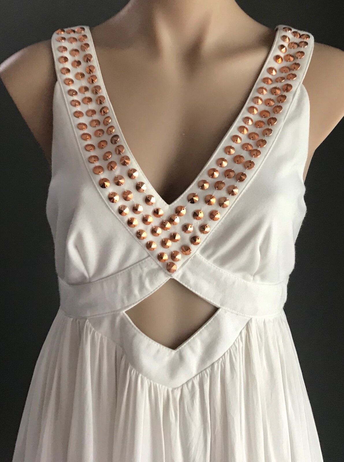 IMPRINT BRAND Dress White Rose Gold Stud Trim Cut Out Waist Sleeveless Size 14