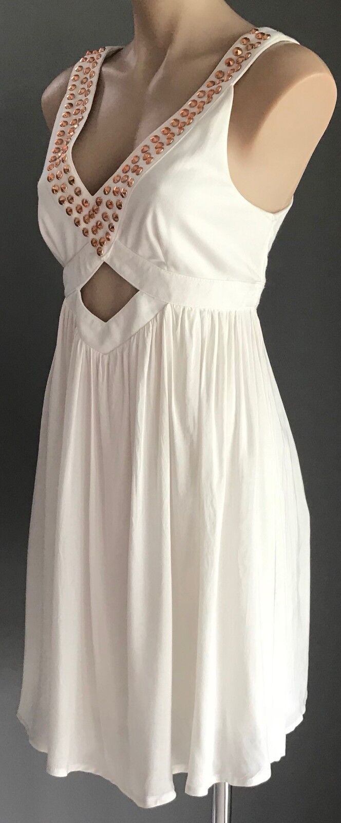 IMPRINT BRAND Dress White Rose Gold Stud Trim Cut Out Waist Sleeveless Size 14