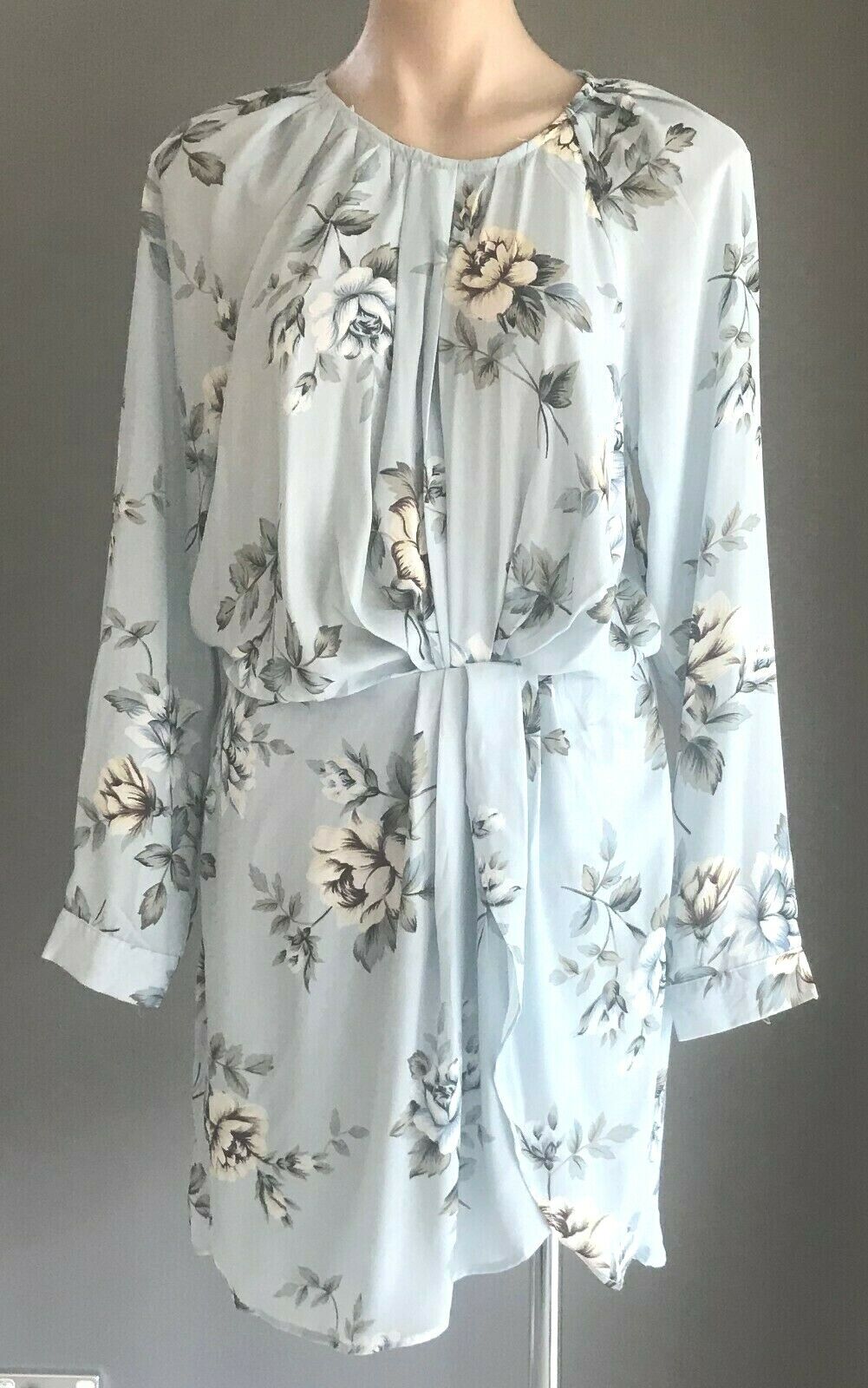 ESTHER "Hughes" Dress Blue Floral LongSleeve Drape Front Short Dress Size 14 NEW