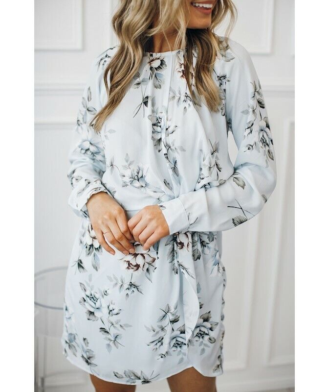 ESTHER "Hughes" Dress Blue Floral LongSleeve Drape Front Short Dress Size 14 NEW