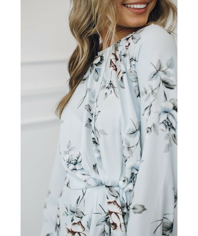 ESTHER "Hughes" Dress Blue Floral LongSleeve Drape Front Short Dress Size 14 NEW