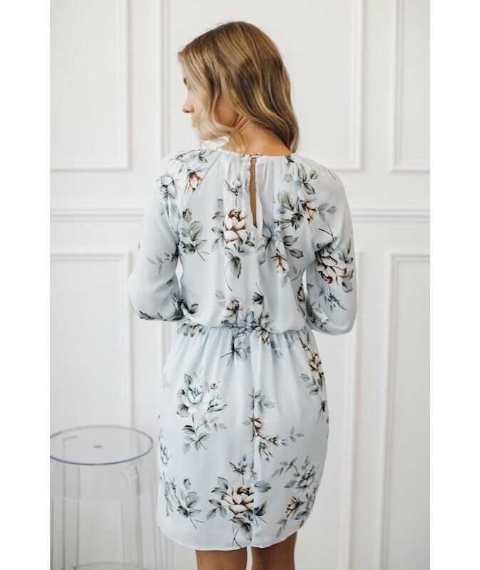 ESTHER "Hughes" Dress Blue Floral LongSleeve Drape Front Short Dress Size 14 NEW