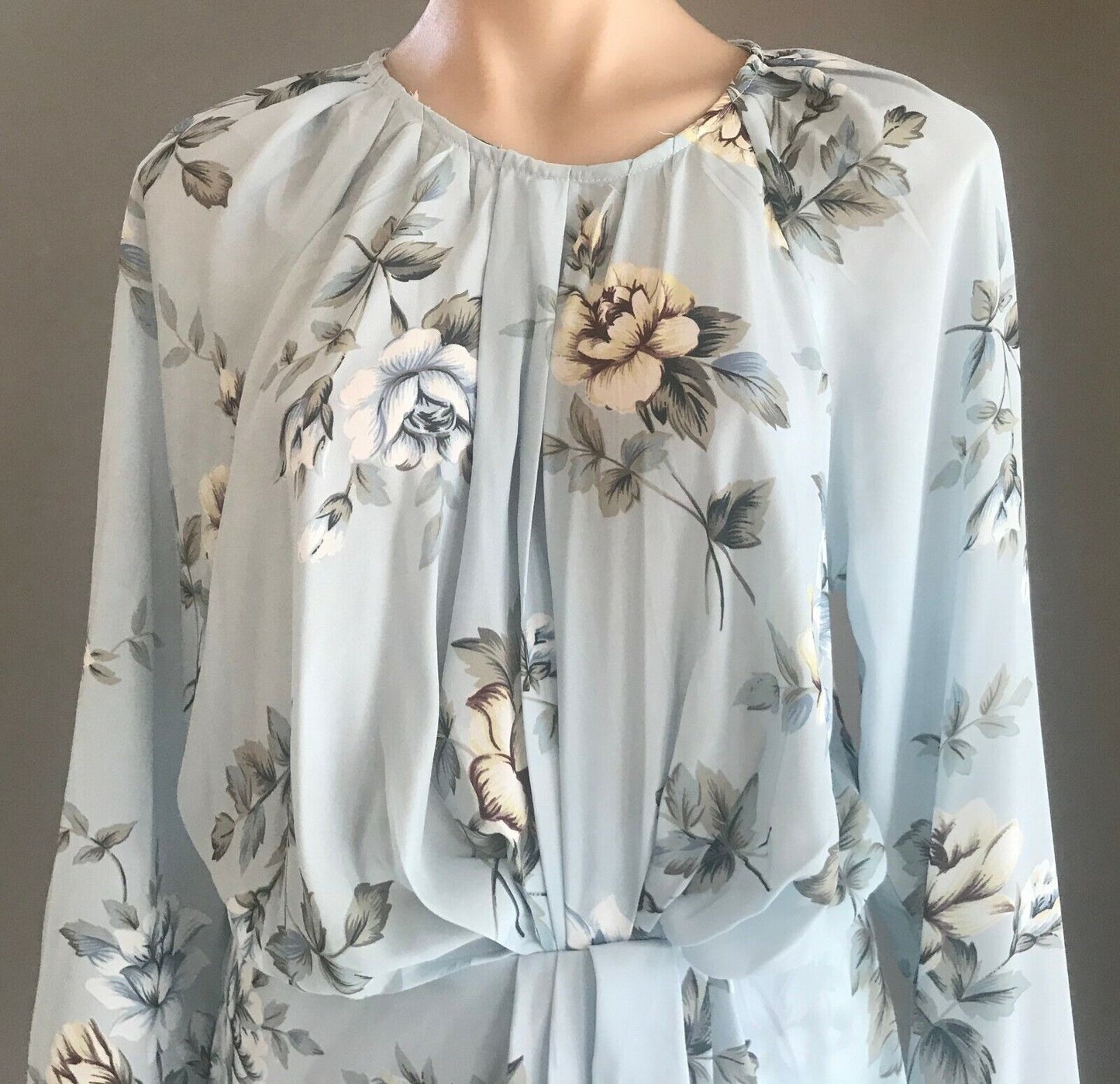 ESTHER "Hughes" Dress Blue Floral LongSleeve Drape Front Short Dress Size 14 NEW