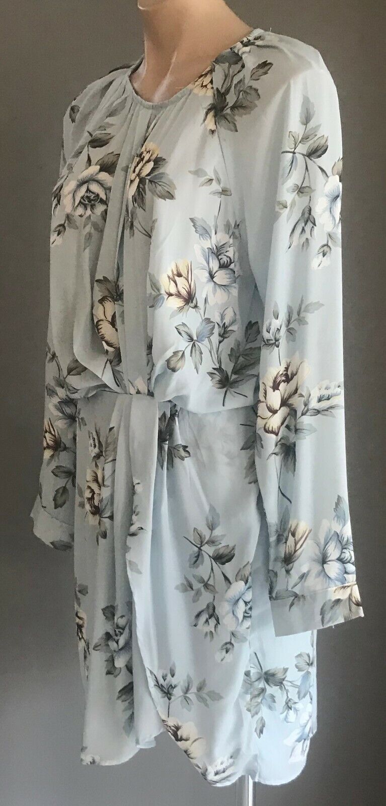 ESTHER "Hughes" Dress Blue Floral LongSleeve Drape Front Short Dress Size 14 NEW