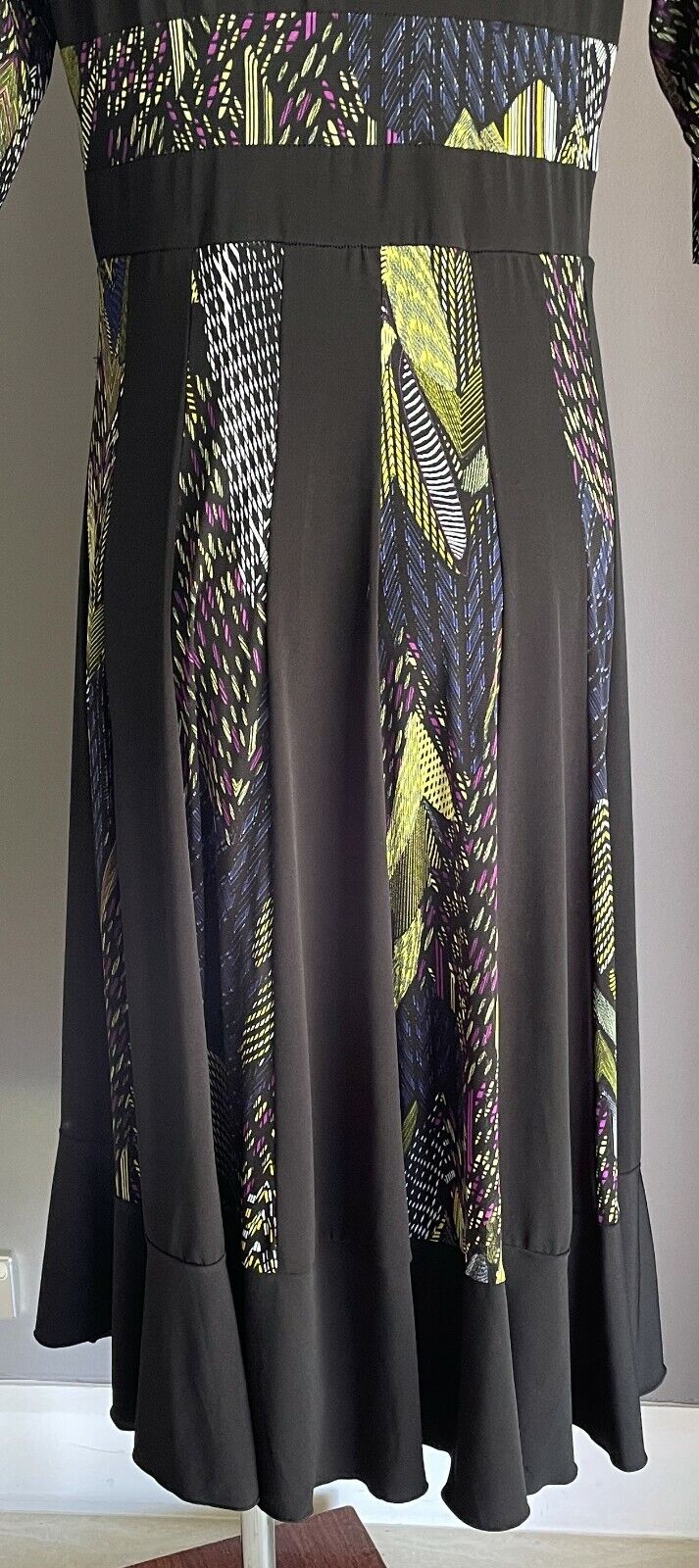 SASH Dress Black & MultiColoured Mesh Net Insert 3/4 Sleeve Empire Waist Size 14